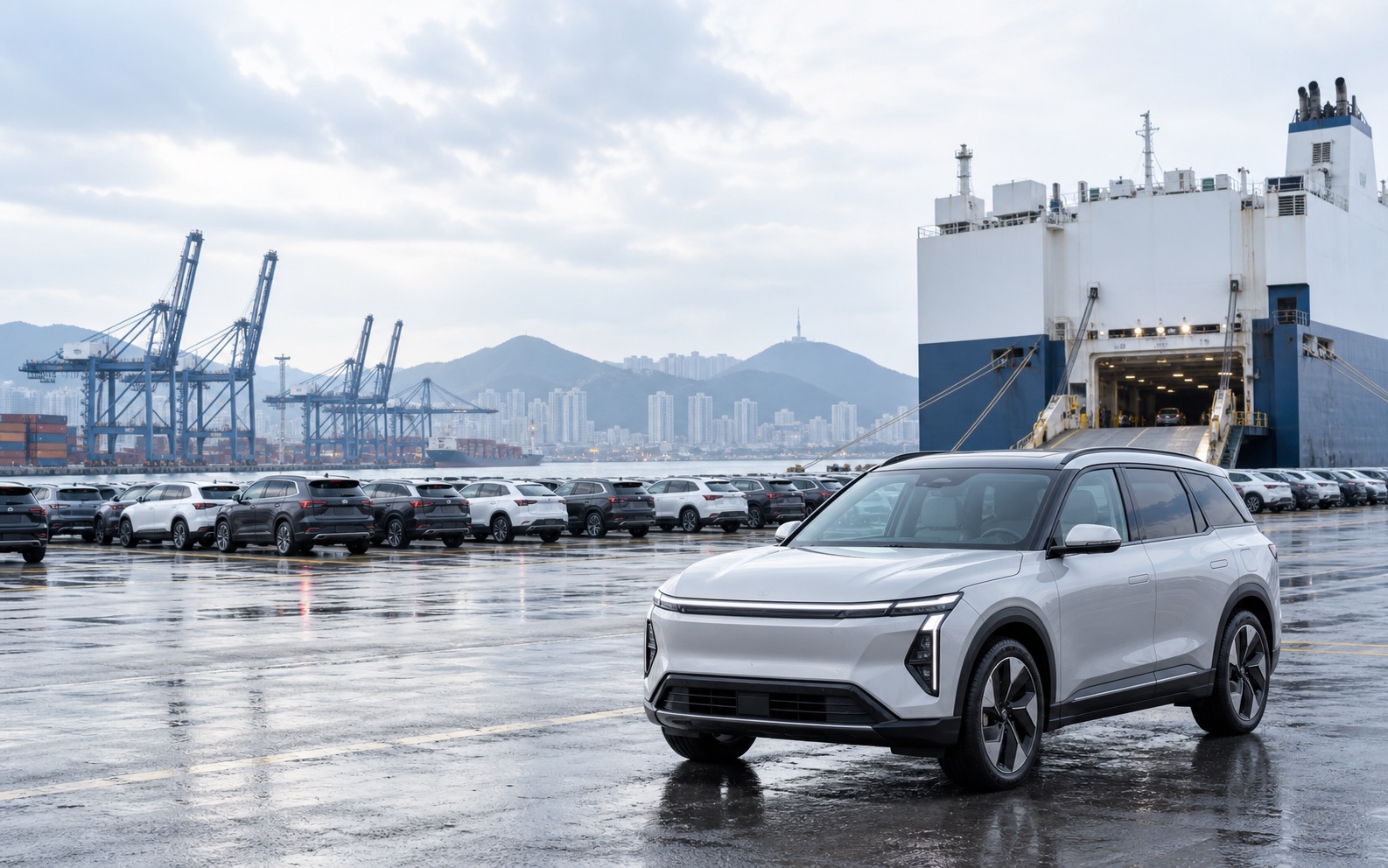 Vehicles at a Korean export terminal before international shipping