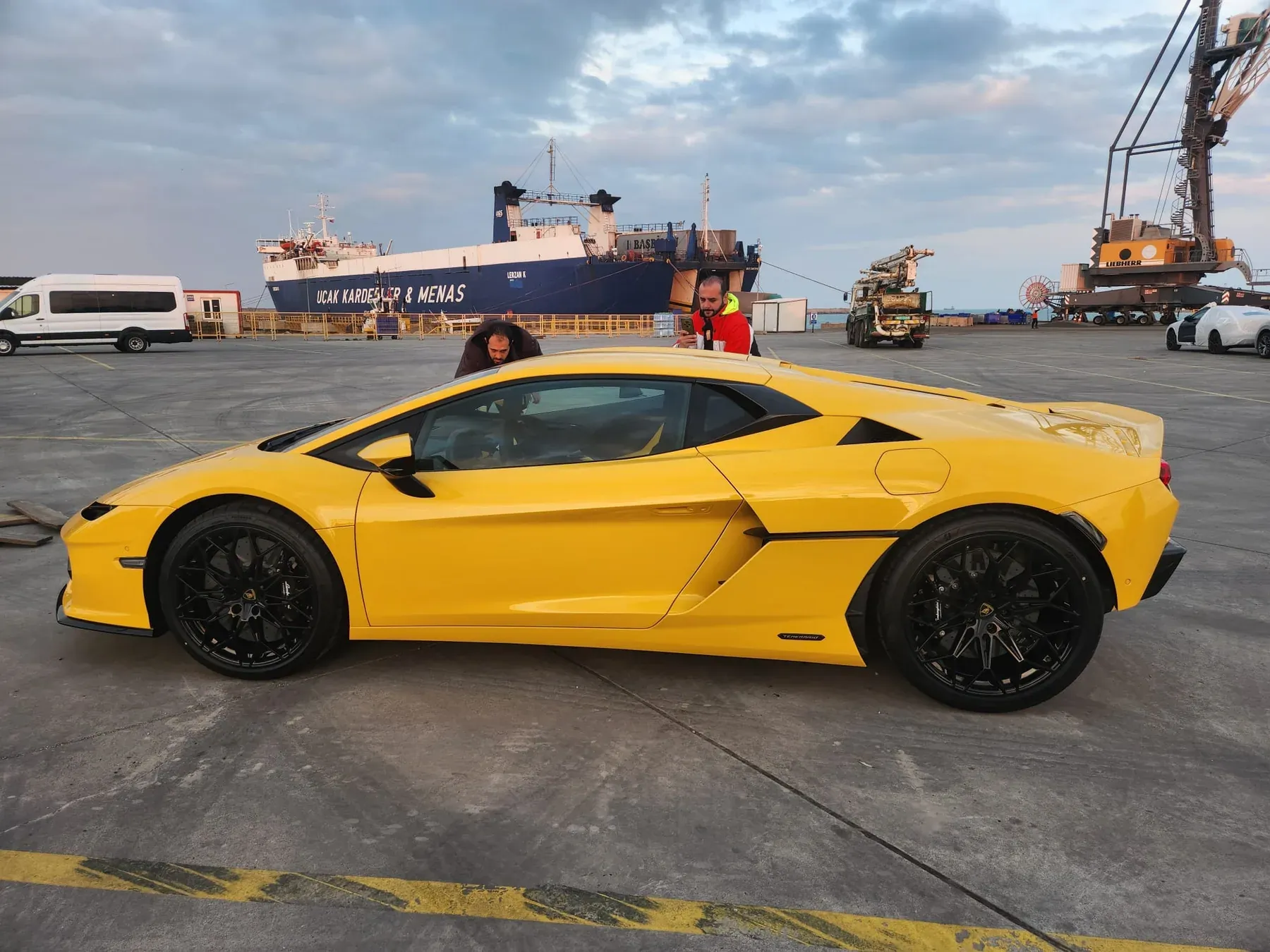 Yellow Lamborghini Temerario at the port before sea transport