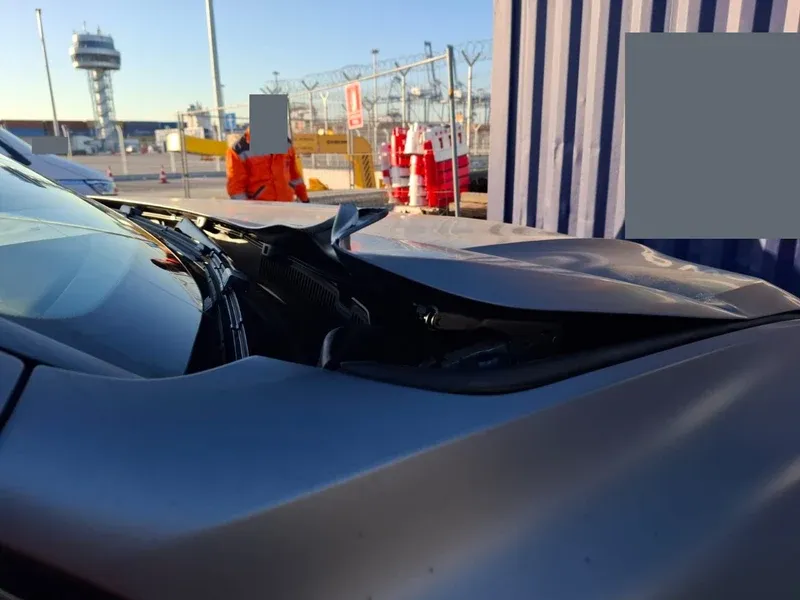 Side view of the deformed BMW bonnet from the same 2024 Constanta incident
