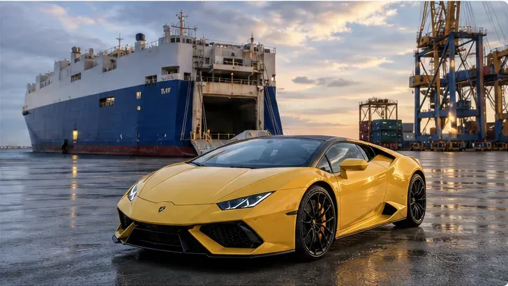 Yellow sports car at a port beside a RoRo vessel